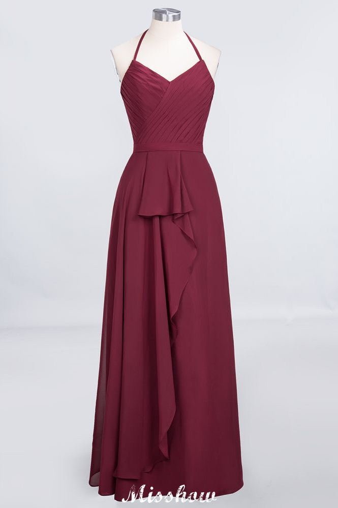 A-Line Chiffon Halter V-Neck Sleeveless Floor-Length Bridesmaid Dress with Ruffle