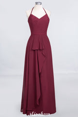 A-Line Chiffon Halter V-Neck Sleeveless Floor-Length Bridesmaid Dress with Ruffle