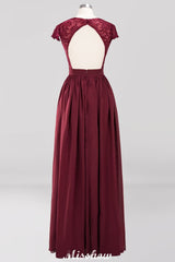 A-line Chiffon Lace V-Neck Sleeveless Floor-Length Bridesmaid Dresses with Ruffles