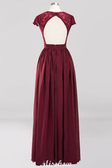 A-line Chiffon Lace V-Neck Sleeveless Floor-Length Bridesmaid Dresses with Ruffles