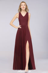 A-Line Chiffon V-Neck Sleeveless Bridesmaid Dress Floor-Length Ruffles Side Split Evening Gown