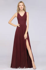 A-Line Chiffon V-Neck Sleeveless Bridesmaid Dress Floor-Length Ruffles Side Split Evening Gown