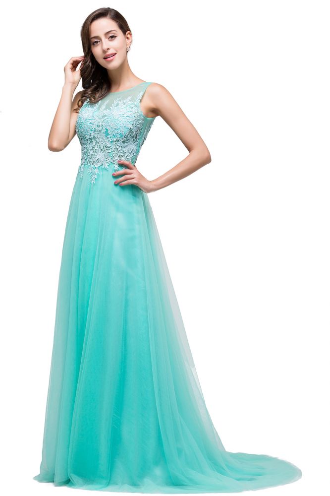 A-line Court Train Tulle Evening Dress with Appliques
