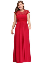 A-Line Crew Floor length Plus size Cap sleeves Lace Chiffon Evening Dresses with Appliques