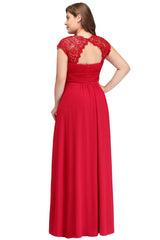 A-Line Crew Floor length Plus size Cap sleeves Lace Chiffon Evening Dresses with Appliques