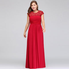 A-Line Crew Floor length Plus size Cap sleeves Lace Chiffon Evening Dresses with Appliques