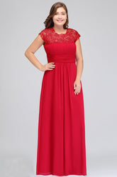 A-Line Crew Floor length Plus size Cap sleeves Lace Chiffon Evening Dresses with Appliques
