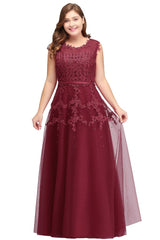 A-Line Crew Floor Length Sleeveless Plus size Tulle Appliqued Evening Dresses with Crystals