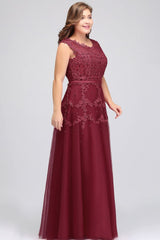 A-Line Crew Floor Length Sleeveless Plus size Tulle Appliqued Evening Dresses with Crystals
