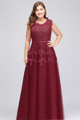 A-Line Crew Floor Length Sleeveless Plus size Tulle Appliqued Evening Dresses with Crystals