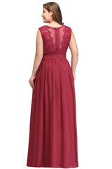 A-Line Crew Long Plus size Sleeveless Lace Chiffon Evening Dresses with Sash
