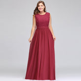 A-Line Crew Long Plus size Sleeveless Lace Chiffon Evening Dresses with Sash