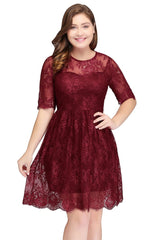 A-Line Crew Plus size Half Sleeves Short Lace Burgundy Cocktail Dresses
