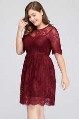 A-Line Crew Plus size Half Sleeves Short Lace Burgundy Cocktail Dresses