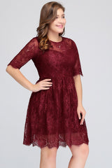 A-Line Crew Plus size Half Sleeves Short Lace Burgundy Cocktail Dresses