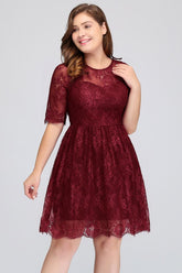 A-Line Crew Plus size Half Sleeves Short Lace Burgundy Cocktail Dresses