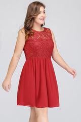 A-Line Crew Short Sleeveless Lace Chiffon Red Cocktail Dresses