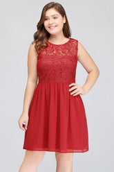 A-Line Crew Short Sleeveless Lace Chiffon Red Cocktail Dresses