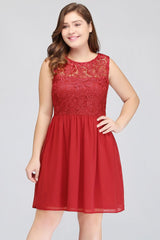 A-Line Crew Short Sleeveless Lace Chiffon Red Cocktail Dresses
