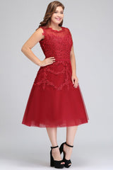 A-Line Crew Tea Length Plus size Sleeveless Tulle Burgundy Cocktail Dresses with Appliques