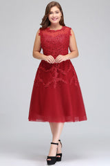 A-Line Crew Tea Length Plus size Sleeveless Tulle Burgundy Cocktail Dresses with Appliques