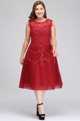 A-Line Crew Tea Length Plus size Sleeveless Tulle Burgundy Cocktail Dresses with Appliques