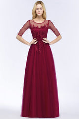 A-line Floor Length Appliques Tulle Bridesmaid Dress Half Sleeve Evening Dress