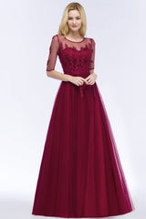 A-line Floor Length Appliques Tulle Bridesmaid Dress Half Sleeve Evening Dress