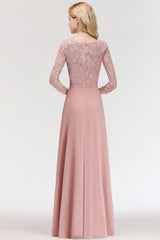 A-line Floor Length Lace Chiffon Bridesmaid Dresses with Sleeves