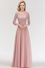 A-line Floor Length Lace Chiffon Bridesmaid Dresses with Sleeves