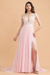 A-Line Jewel Chiffon Lace Ruffles Bridesmaid Dresses with Slit