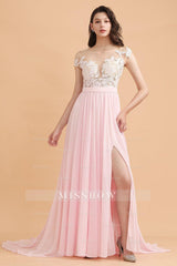 A-Line Jewel Chiffon Lace Ruffles Bridesmaid Dresses with Slit