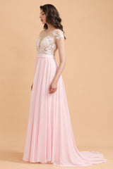 A-Line Jewel Chiffon Lace Ruffles Bridesmaid Dresses with Slit