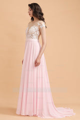 A-Line Jewel Chiffon Lace Ruffles Bridesmaid Dresses with Slit