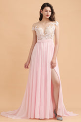 A-Line Jewel Chiffon Lace Ruffles Bridesmaid Dresses with Slit