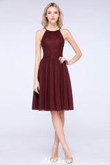 A-line Jewel Sleeveless Knee-Length Bridesmaid Dresses with Ruffle Chiffon Lace Party Dress