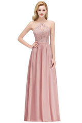 A-line Keyhole Neckline Lace Top Long Spaghetti Bridesmaid Dress