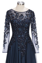 A-line Long Sleeves Plus Size Floor Length Crystals Tulle Prom Dresses