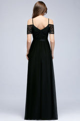 A-line Long Spaghetti V-neck Black Lace Chiffon Bridesmaid Dress
