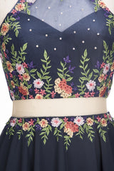 A-line Long Two-piece Sleeveless Flowers Appliques Plus Size Prom Dresses