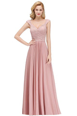 A-line Long V-neck Sleeveless Formal Party Dress Lace Top Chiffon Bridesmaid Dress