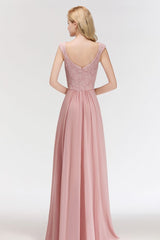 A-line Long V-neck Sleeveless Formal Party Dress Lace Top Chiffon Bridesmaid Dress