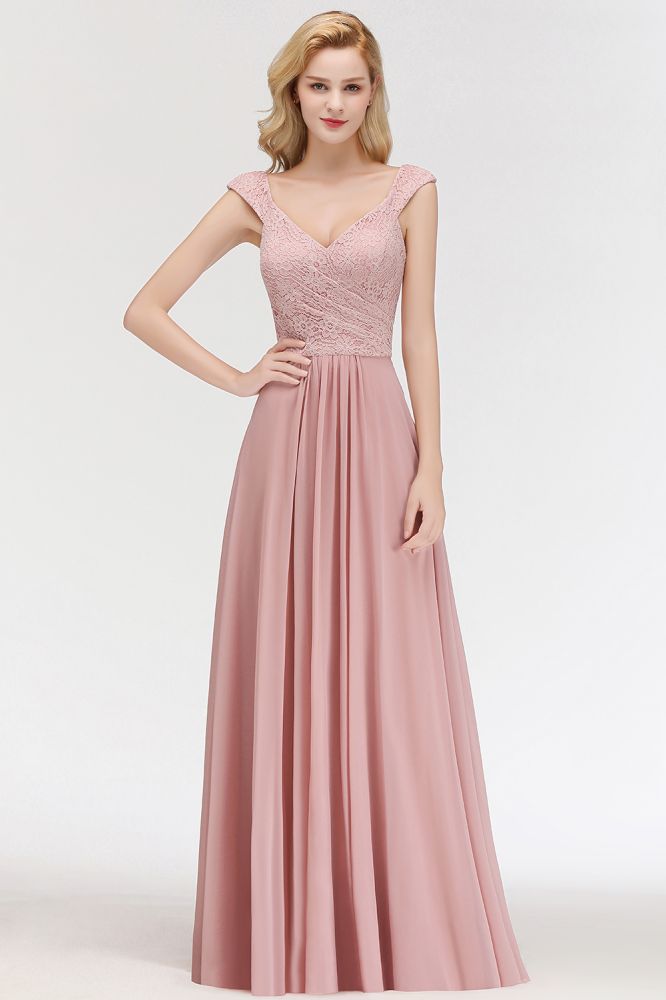 A-line Long V-neck Sleeveless Formal Party Dress Lace Top Chiffon Bridesmaid Dress