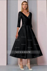 A-Line Mother of the Bride Dress Vintage Plus Size Ankle Length Satin 3/4 Length Sleeve
