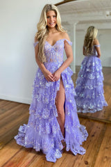 A Line Off the Shoulder Black Corset Prom Dress with Lace Ruffles
