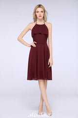 A-Line Ruffles Chiffon Halter Knee-Length Party Dress Simple Bridesmaid Dress