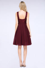 A-Line Ruffles Chiffon Lace V-Neck Evening Party Dress Sleeveless Knee-Length Homecoming Dress