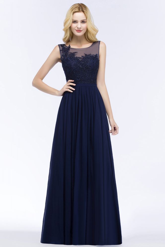 A-line Scoop Neck Bridesmaid Dress Chiffon Appliques Floor-Length Evening Maxi Gown Sleeveless