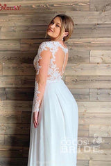 A-line Sheer Tulle Lace Wedding Gowns Long Sleeve Floor Length Beach Bridal Gowns