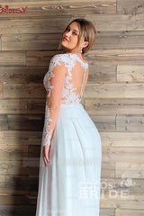 A-line Sheer Tulle Lace Wedding Gowns Long Sleeve Floor Length Beach Bridal Gowns